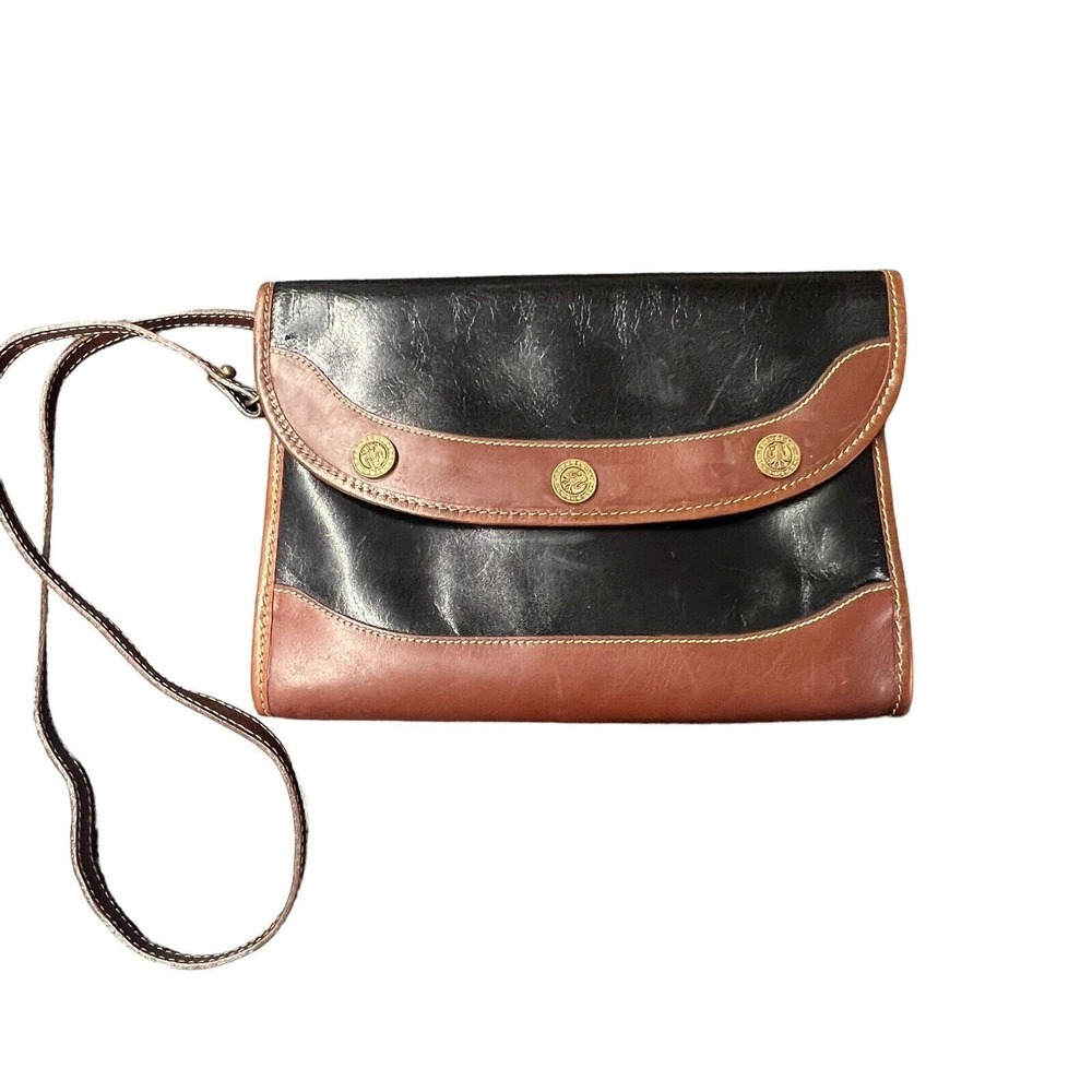 Brahmin Women's Purse Brown Black Leather Gold Buttons Crossbody Clutch Vintage